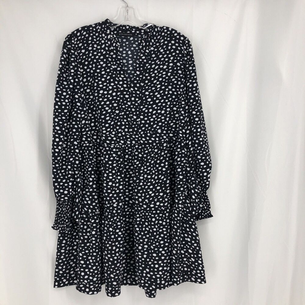 Gibson Black/White Polka Dot V-Neck 3/4 Sleeve Ruffle Dress M